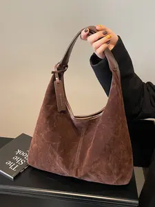 Women's Plain Suede Handbag, Large Capacity Fashion Shoulder Bag, Multi-Functional High-Quality Casual Bag for Daily Commute, Shoulder Commuter Bag
