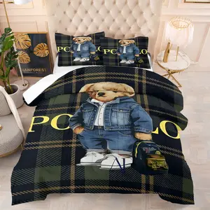 Grid patterned teddy bear printed bedding set, including 1 blanket and 1 or 2 pillowcases without pillowcases, soft children's or adult bedroom decoration gift