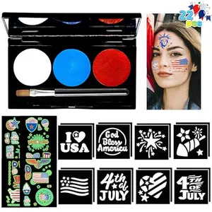 22PCS Red White Blue 4th of July Glowing Face Paint Set, Glow in the dark Patriotic Makeup with Stencils Sticker Temporary Tattoos for Independence Day, Memorial Day Party, Party Favors