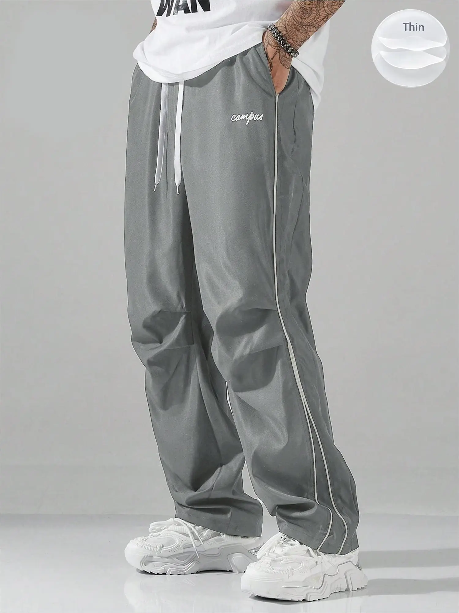 Men's 100% Polyester Loose Grey Sweatpants - Grey Side Strips, Gold Decorative Bars, Lightweight Soft Fabric, Large Cut, Casual Gym Wear, Boyfriend Birthday Gift, Birthday Gift for BF, Menswear Essential Fashion Bottoms, Clothing, Xl