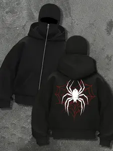 Men's Solid Color Hooded Sweatshirt with Spider Print, Casual Fitted Pullover, Fall & Winter Fashion, Geometric Pattern