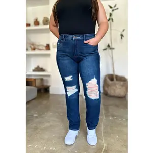 Judy Blue Full Size High Waist Rigid Magic Heavy Destroy Straight Jeans 88819 Cotton Denim Moderate Stretch Raw Hem Pocketed