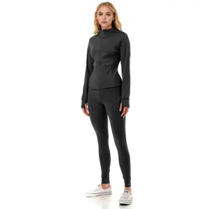 Fleece lined activewear define jacket with legging yoga set: Black