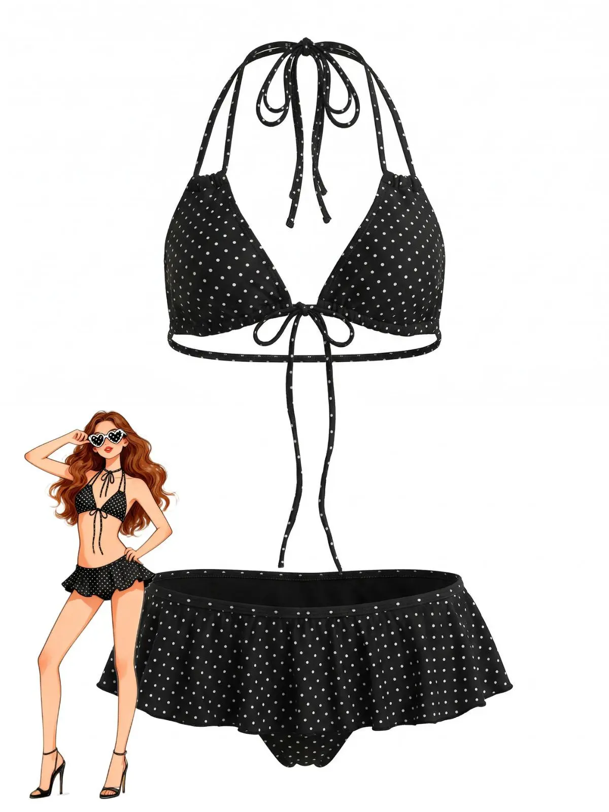 BBlack 1950s Ruffle Lace-Up Polka Dot Bikini Set summer outfits beach essentials vacation outfits
