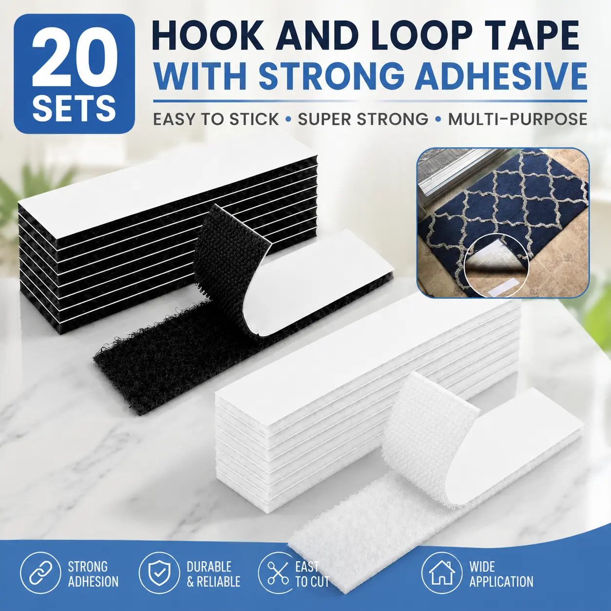 20 Pack Self Adhesive Hook and Loop Fastener Tape, 1 x 3 Inch Heavy Duty Reusable Mounting Strips, Black and White Sticky Back Pads for DIY Crafts, Cable Management, Fabric, Rugs, Posters, Home, School and Office