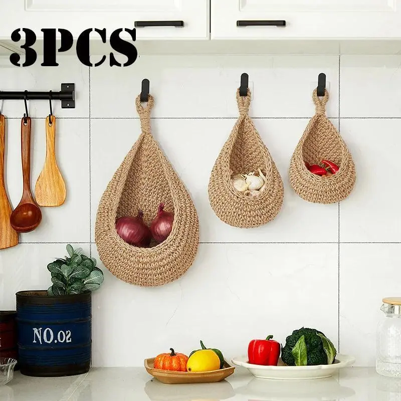 3pcs Eco-Friendly White Cotton Hand-Woven Teardrop Wall Hanging Storage Baskets - Wall-Mount Organizers for Kitchen Fruit, Vegetable Storage, Farmhouse Home Decor, Indoor-Outdoor Garden Use