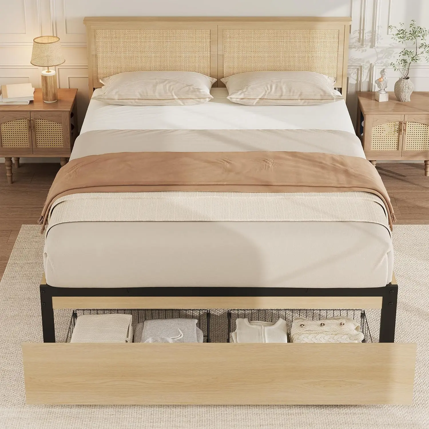 Gaomon Queen-Size Boho Natural Rattan Platform Bed with Solid Wood Headboard, Rattan Frame, 2 Storage Drawers, RGB LED Lights, Strong Slatted Support, Silent Noise-Free Design, Metal Accents, Easy Setup, Handcrafted Charm, No Box Spring Needed, Color Chan