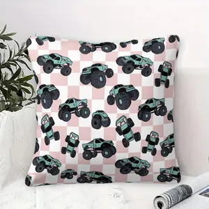 Pink Grid Monster Truck Throw Pillow with Insert, Pink-White Checkered Background & Green Monster Cartoon Accent Pillow Zipper Closure, Soft Comfortable Sofa Bed Cushion, Fresh Childlike Style Home Decor
