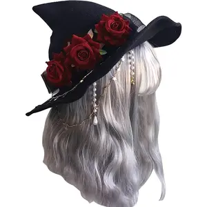 Halloween Witch Hat Head Ornament Headwear with Rose Big Bow Decoration Hat Cosplay Party Props