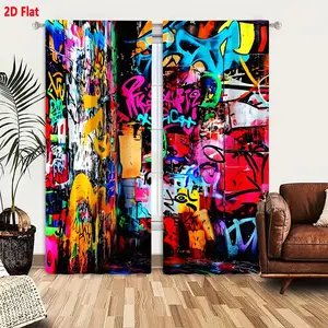 2D Flat  2-Pack Graffiti Style Blackout Curtains, Vibrant Pink Neon Blue Red Yellow Green Abstract Lettering & Patterns, Urban Street Art Design, Floor-to-Ceiling Dense Multicolor Chaotic Aesthetic for Living Room Bedroom, Light Filtering & Privacy