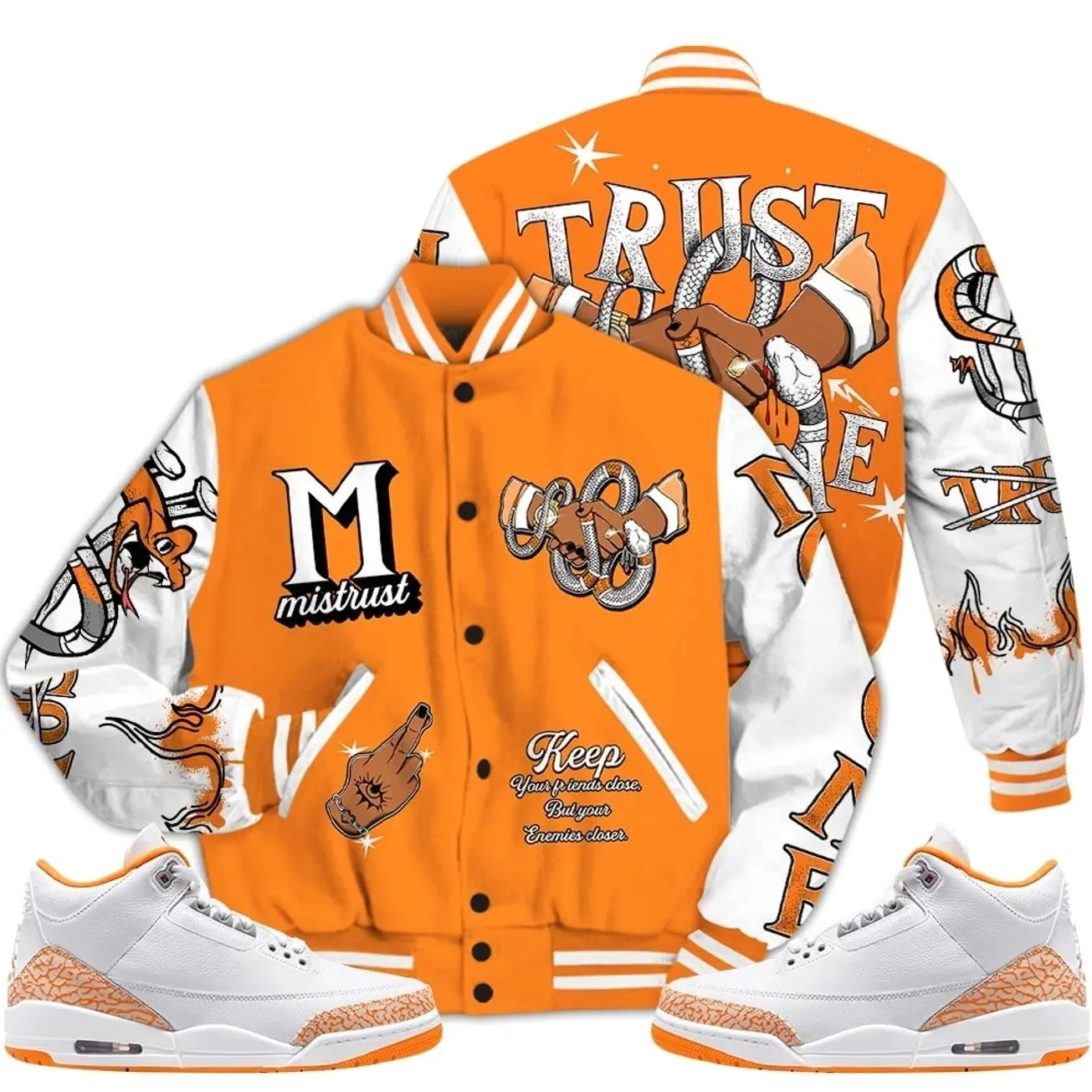 3 White Orange Peel Varsity Jacket, Orange Citrus 3s Outfit Trust No One Graphic Tees Streetwear Sneaker Color Match Shirts