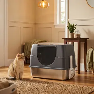 Stainless Steel Enclosed Cat Litter Box for Indoor Cats - 180° Flip-Top Lid, Odor-Free, Non-Stick, Easy-to-Clean, Anti-Splash High Sides, Includes Litter Scoop