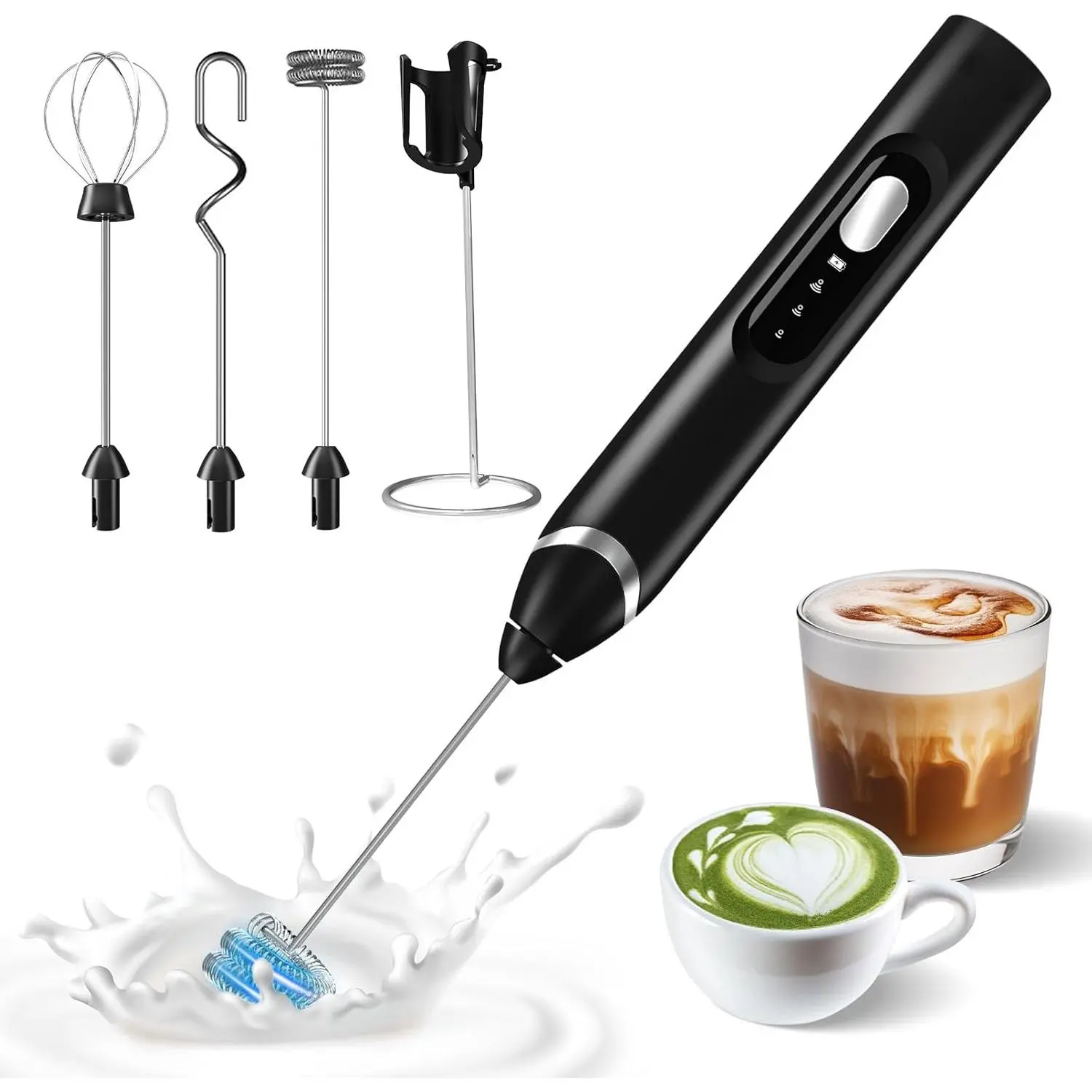 Cordless Milk Frother, Handheld Rechargeable Electric Wand with Stand, 3-Speed Settings, Detachable Double Whisk for Latte, Cappuccino, Home & Party Supply Gift