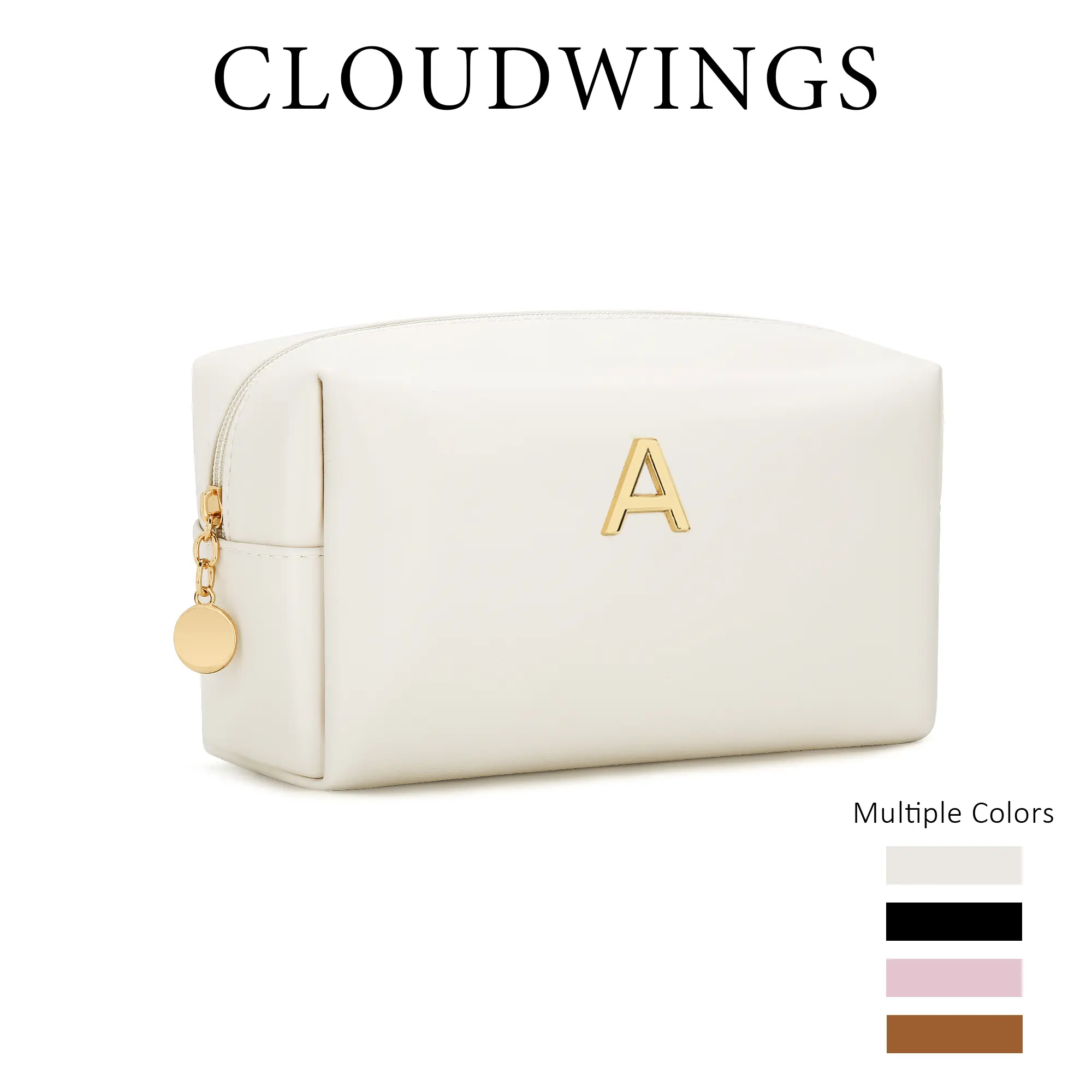 CLOUDWINGS Personalized Initial PU Leather Waterproof Makeup Bag - Zipper, Custom 3D  Metal Initial Makeup Bag, PU Leather Travel Cosmetic Pouch, Perfect Bridesmaid Birthday Gift Idea for Her