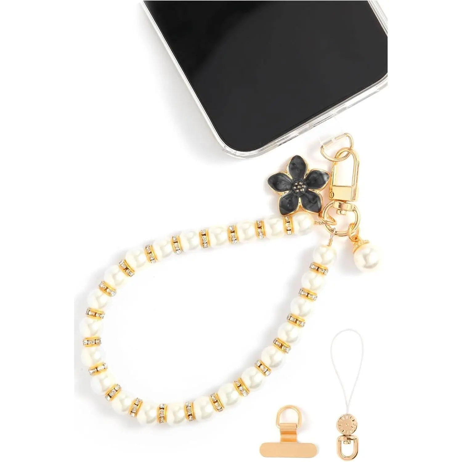 Beaded Cell Phone Wrist Strap, Hands-Free Cute Wristlet Chain Bracelet, Detachable Lanyard for iPhone, Samsung and Most Smartphones - Anti-Theft Versatile Charm for Bag |   Black Flower&Pearls