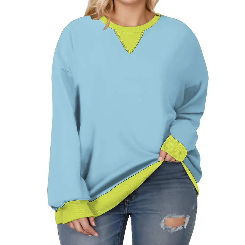 Women's Plus Size Crewneck Oversized Sweatshirt - Chic, Lightweight, Breathable Ribbed Fabric Style, Loose Long Sleeve Color Block Tunic Pullover Top for Pairing with Jeans, Fabrics, Casual, Longsleeves