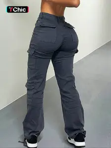 Women's Solid Drawstring High Waist Cargo Pants, Casual Comfort Basic Y2K Kpop Style Streetwear Pocket Design Trousers for Daily Wear, Womenswear for Fall & Winter