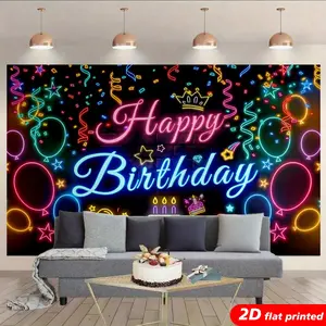 Neon Happy Birthday Tapestry Wall Hanging - Colorful 2D High-Definition Polyester Fabric Flat-Printed Photo Backdrop with Glow Balloons, Confetti Design, Lightweight Festive Home Supply Gift for Birthday Party, Room Decor