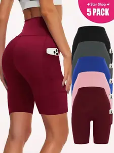 Women's 5 Piece High-Waisted Breathable Sports Cycling Shorts - Pocket Stretch Bodysuit for Fitness, Running, Cycling & Casual Wear - Summer Wear