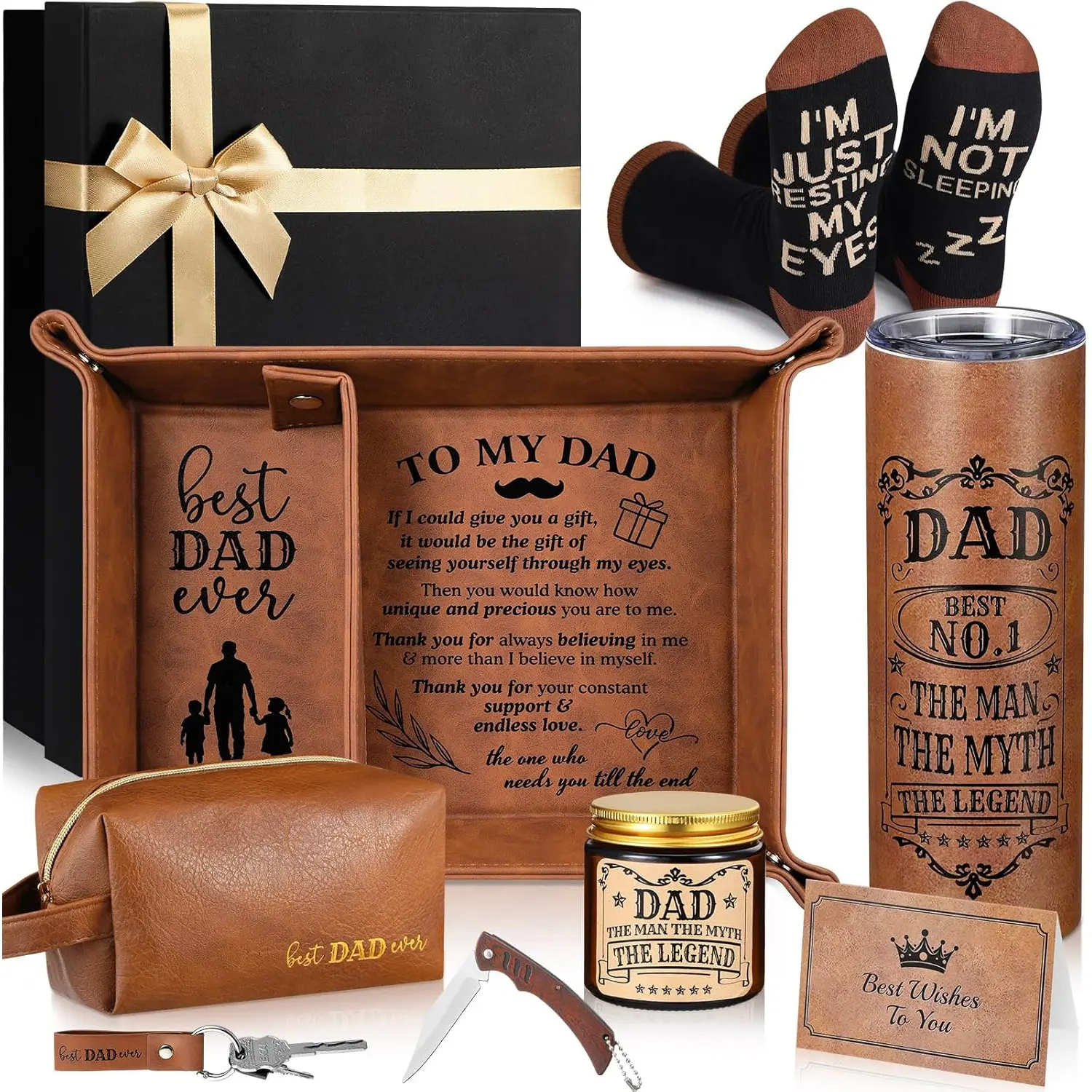 10 Pcs Dad Gift Set Father's Day for Men Husband Father Best Dad Ever Leather Gift Box Basket from Son Daughter Wife with Leather Tray Tumbler Toiletry Travel Bag Sock Scented Candle Wood Knife