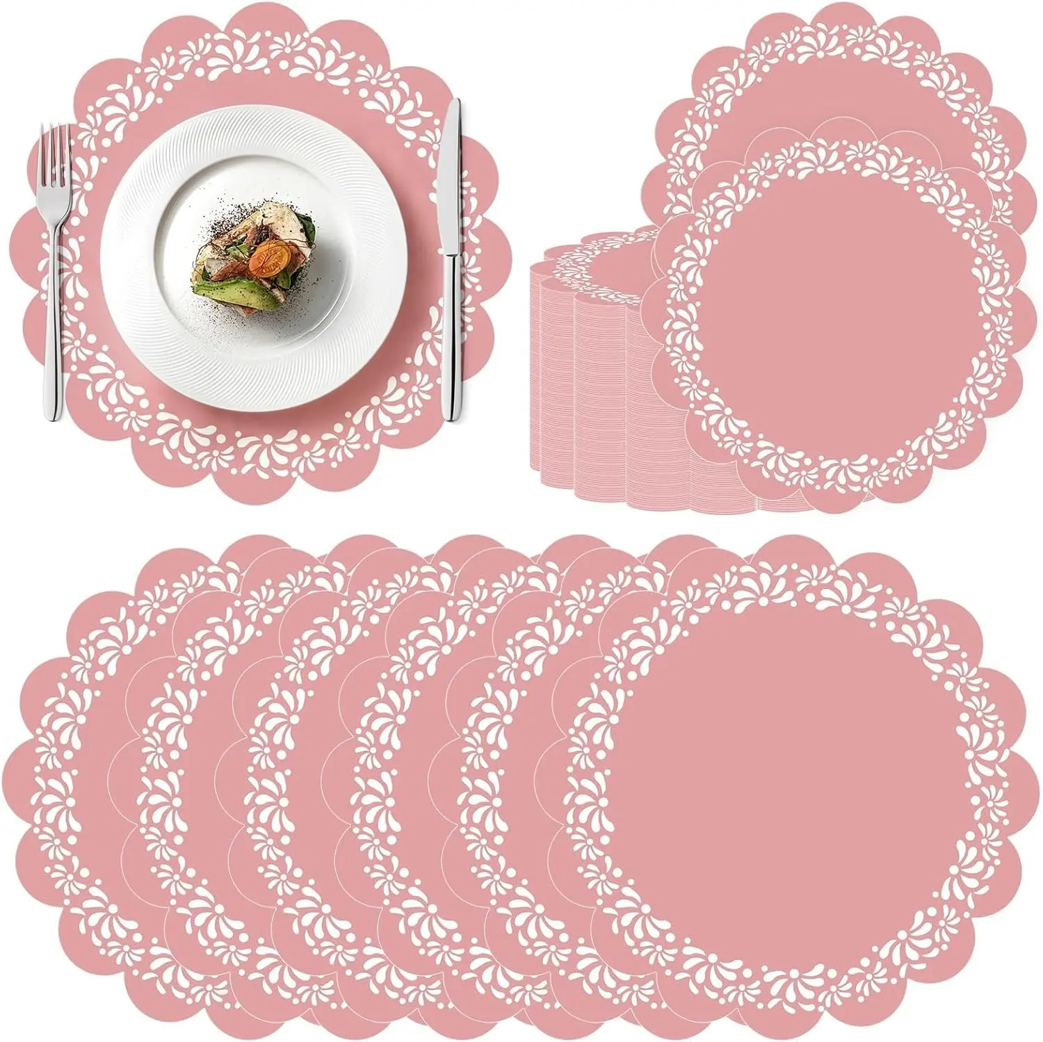 100 Pcs Pink Platos De Barro Mexicanos Paper Placemats 13.5 Inches Cielito Lindo Party Decoration Disposable Scalloped Cinco De Mayo Paper Placemats for Fiesta Mexican Baby Shower Decor