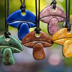 Mushroom Ceramic Pendant Hippie Whimsical Cottagecore Handmade Choker Adjustable Cord Necklace Clay Charms Celestial