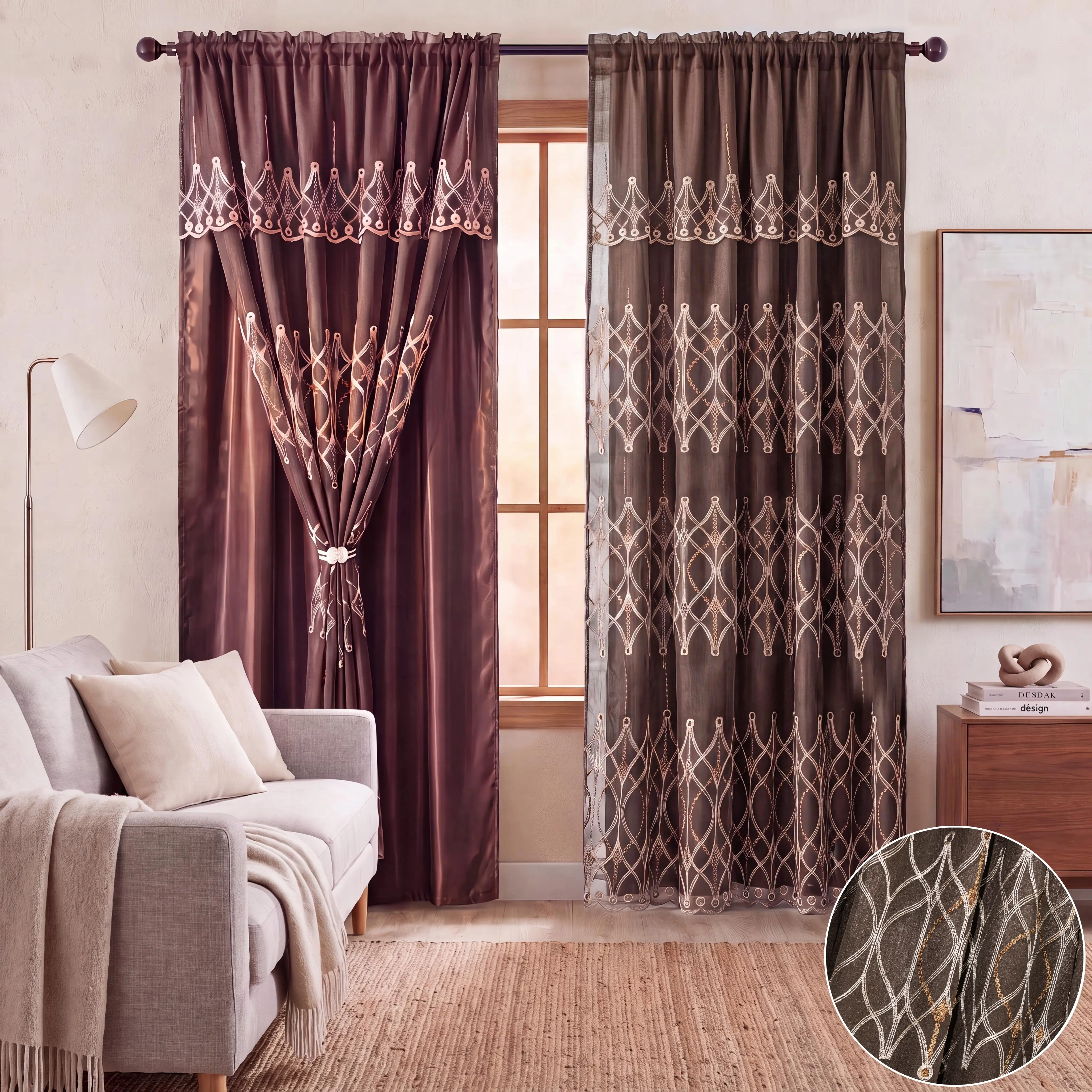 Embroidered Curtains, 2-Piece 52x84 in Geometric Diamond Double-Layer Doli Window Drapes with Waterfall Valance & Rod Pocket, Anti-Shrink Luxury European-Style Living Room Decor, Summer Home Gift, Embroidered Curtain