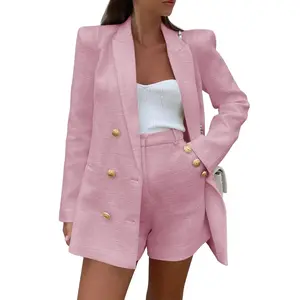 Women's two-piece tweed top shorts set long sleeved double breasted suit jacket business suitRAIMENTRY