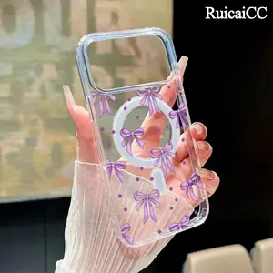 Purple Bow Polka Dots Pattern Magnetic Phone Case for iPhone 15 Plus 17 16 Pro Max Air 14 13 12 11 Transparent Shockproof Soft Premium Stylish Durable Protection Case