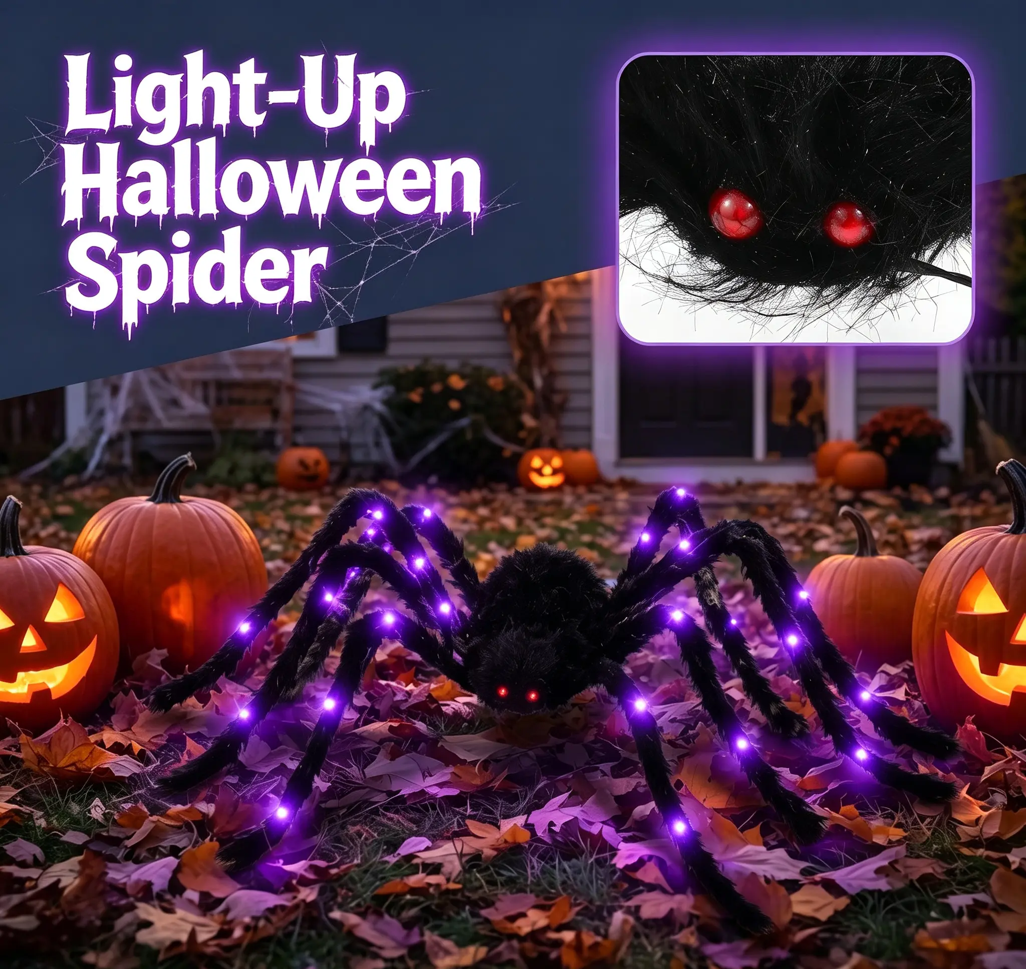 【Summerween】Light-Up Plush Spider Halloween Decoration with Purple LED Lights, Bendable Legs - Fake Spider Prop for Indoor, Outdoor Spaces, Haunted House Party Decor
