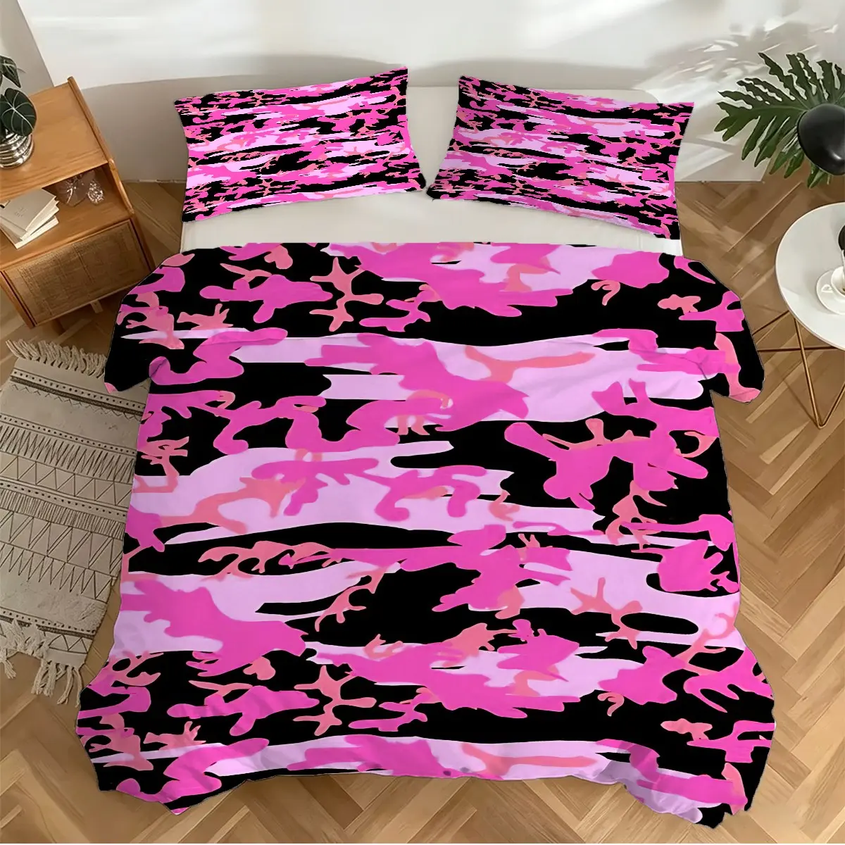 Pink Black Contrast Sweet-Cool Camouflage 3Pcs Duvet Cover Set. Sweet-Spicy Pink Black Camouflage with Y2K Vibes. HD Print Shows Layered, Vivid Colors That Resist Fading. Includes 1 or 2 Pillowcases (Pillows Not Included). Adds Trendy Vibe to Bedroom.