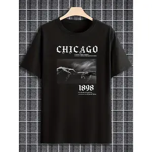 Men'S Chicago 1898 Graphic T-Shirt - Casual Crew Neck Short Sleeve Tee with Bold Letter Print, Black & White Design, Lightweight Summer Fabric for Casual Attire, Breathable Clothing |   Graphic Print Tee |   Knitted Texture