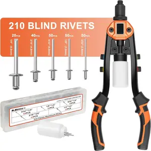 14-Inch Rivet , 1/4" Pop Riveters with 210 count Rivets, Heavy Duty Two-Handed Rivet Tool Kit with 5 Nosepieces 3/16" 1/8" 5/32" 3/32" 1/4" for Metal Automotive