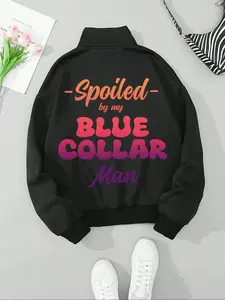 Women's Letter Print Drop Shoulder Zip Up Thermal Lined Sweatshirt, Casual Long Sleeve Stand Collar Pullover for Fall & Winter, Women's Clothes for Daily Wear, Womenswear, Casual Comfy Pullover, Casual Cozy Sweatshirt, Casual Streetwear Sweatshirt