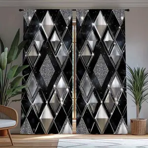 Silver Color Diamond Print Curtains Set, Window Curtain, Simple Rhombus Pattern Design, Half Light Blocking Rod Pocket, Bedroom Living Room Office Decor