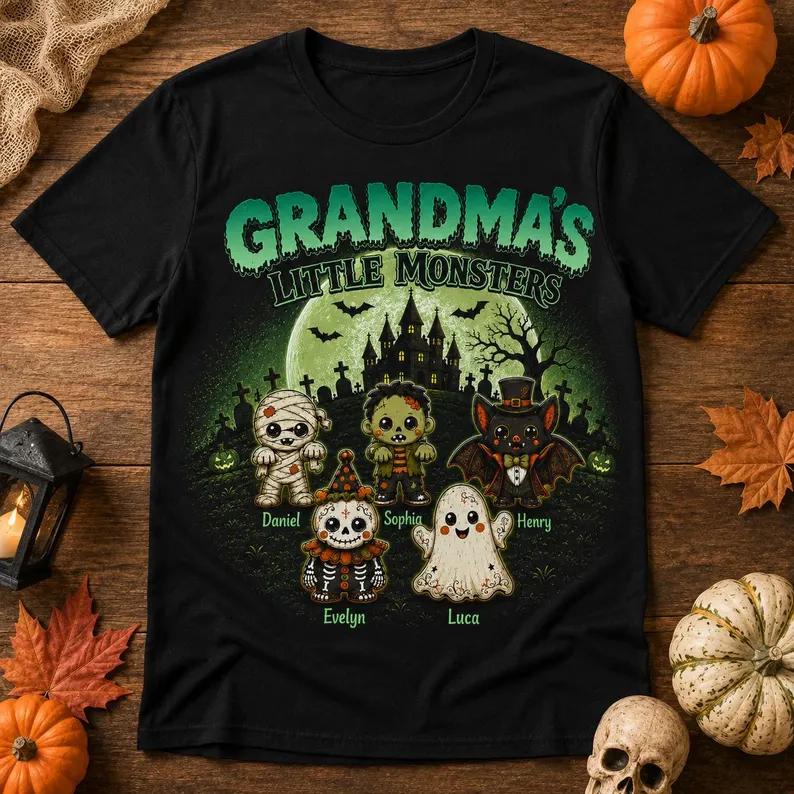 Women's Comfortable Cotton Fabric Grandma's Little Monsters Personalized Halloween Tshirt, Stylish Women's Top Suitable for Beach Wear