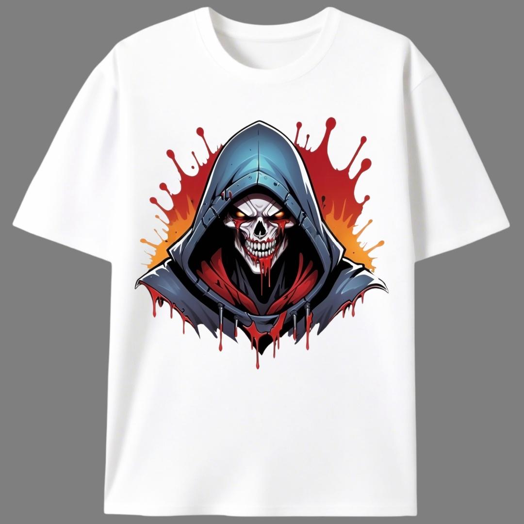 Bloody Hooded Reaper Skeleton Summer T-Shirt, Men's Unisex Streetwear Graphic Tee, Halloween Horror Skull Casual Shirt for Men & Women