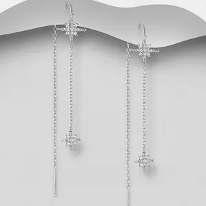 Sterling Silver Star Earrings with Chain and Star Design