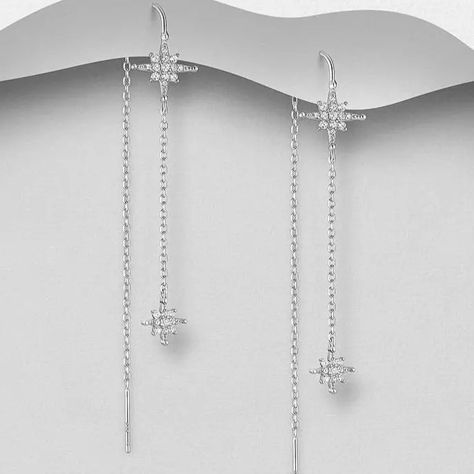 Sterling Silver Star Earrings with Chain and Star Design
