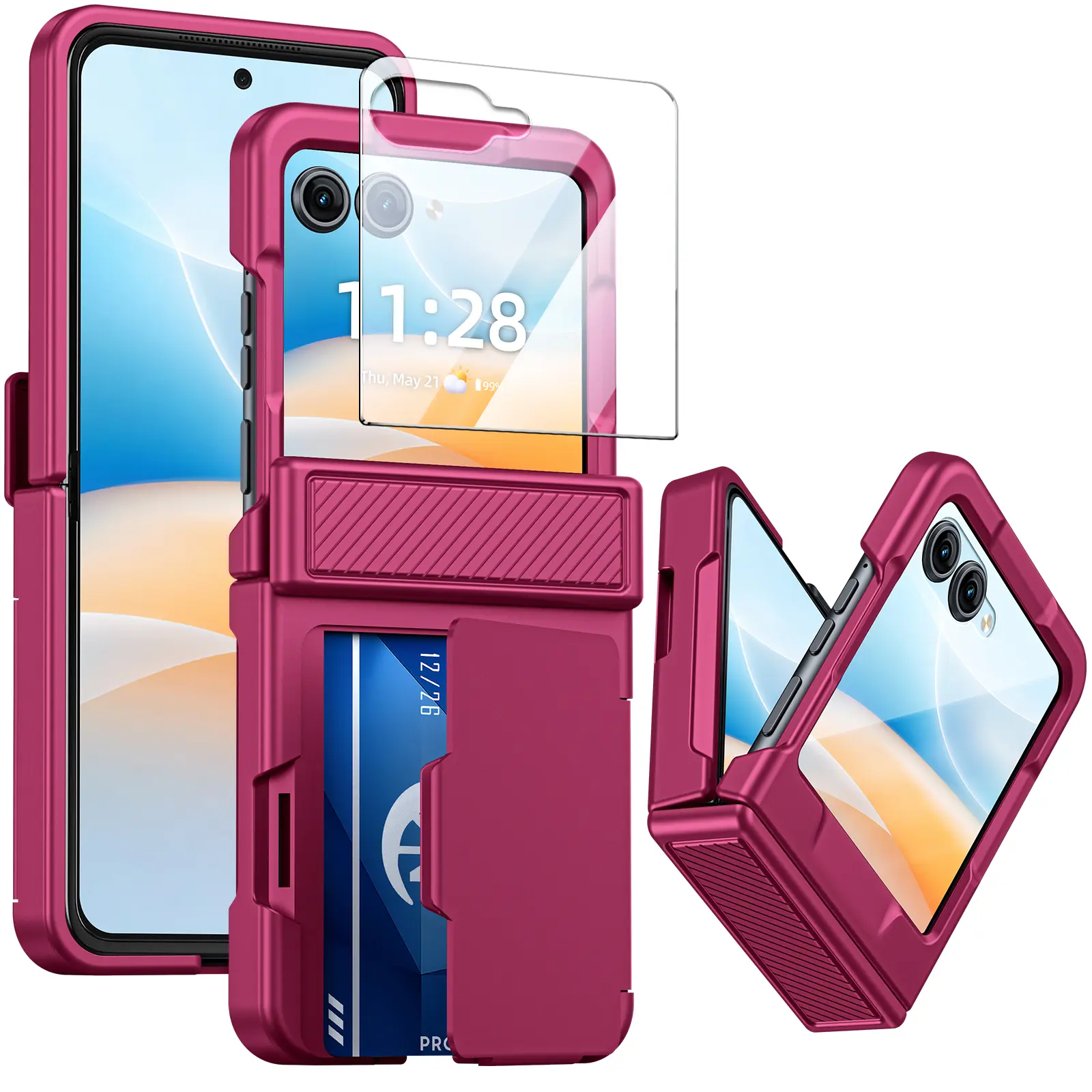 BSNRM for Motorola Razr 2026/2025/2024 Wallet Case, RFID Blocking Card Holder Phone Case with Hinge Protection, Built-in Screen Protector, Shockproof Protective Cover