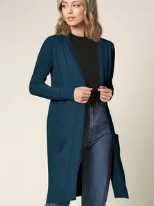 WSK2251 Long Sleeve Solid Open Front Long Knited Cardigan Sweater with Pocket