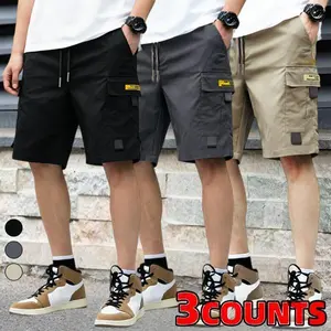 3-Pack Men's Utility Cargo Shorts | Multi-Pocket Casual Drawstring Shorts in Black, Grey & Khaki Durable cotton blend with multiple functional pockets, drawstring waist, and relaxed fit. Perfect for daily wear and outdoor activities.