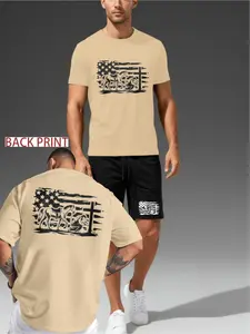 Retro Cowboy Prayer Theme Set with American Flag Elements, Front and Rear Printed Casual Short Sleeves+Shorts