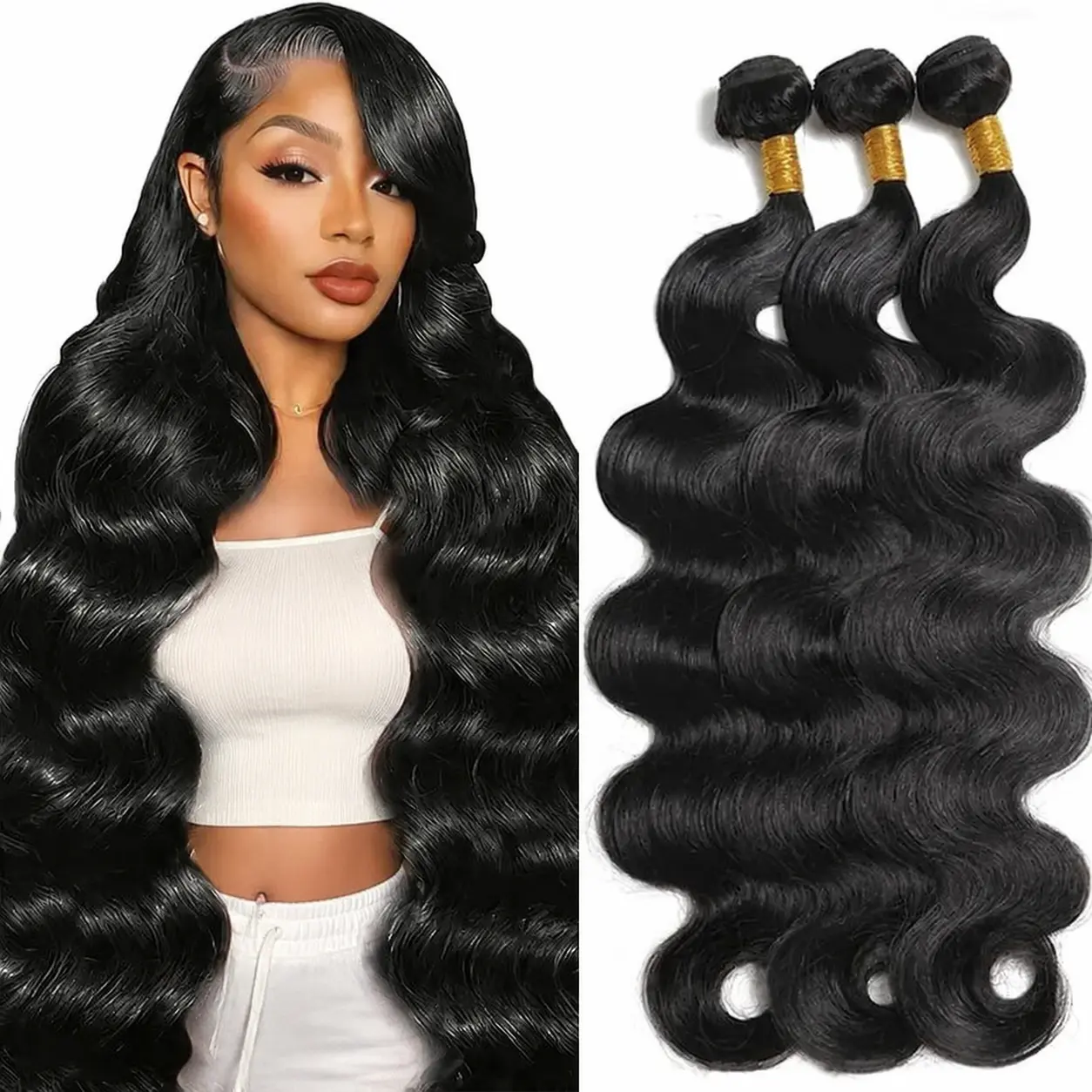 Asakiss Hair Body Wave Bundles Human Hair 100% Unprocessed Brazilian Virgin Hair Body Wave Straight Bundles Human Hair Quick Weave Extensions Natural Black Brazilian Virgin Hair Bundles Hair Extensions Real Human Hair