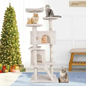 Niamvelo 54-In Double Condo Cat Tree Tower Playhouse with Scratching Post & Perch for Indoor Beige NiamVelo Cat Climbing Tower with 2 Spacious Rooms 3 Platforms 2 Hanging Balls 4 Floors Design