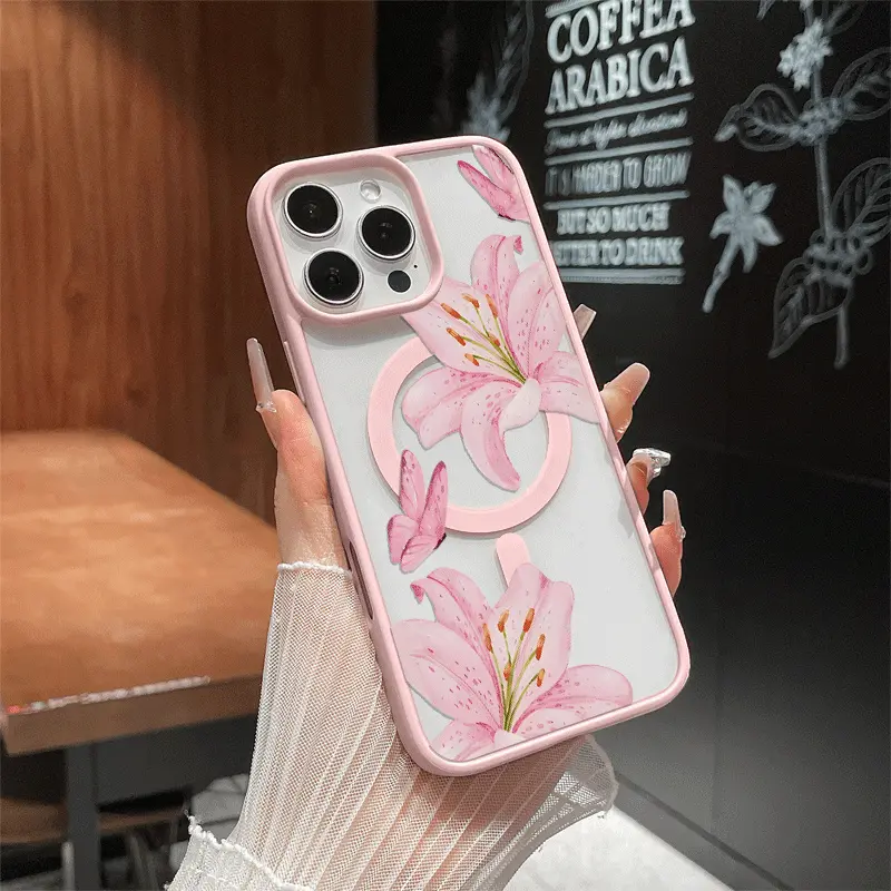 Unique Pattern Magnetic Compatible Phone Case for iPhone 17 Pro Max / 16 / 15 / 14 / 13 / 12 / 11 / XS / XR – Pink lilies | Lightweight Shockproof Silicone Protective Cover