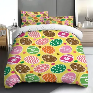 Three-piece bedding set - 2pcs/3pcs 2D Flat Spring yellow patterned egg-patterned duvet cover set (1 duvet cover + 1/2 pillowcases, no insert), multi-color printed bedding set, soft and comfortable, suitable for family bedrooms and guest rooms.