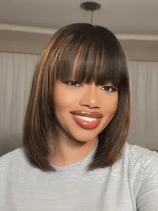 10 Inch Human Hair Bob Wig with Bangs, Glueless Bob Wig, Trending Wig for Women, Natural Straight, Realistic Lightweight Human Hair Wig, Easy to Wear and Style, Fashion Viral Wig for Daily Look, Party, Work, Travel, Must Have Hairstyle