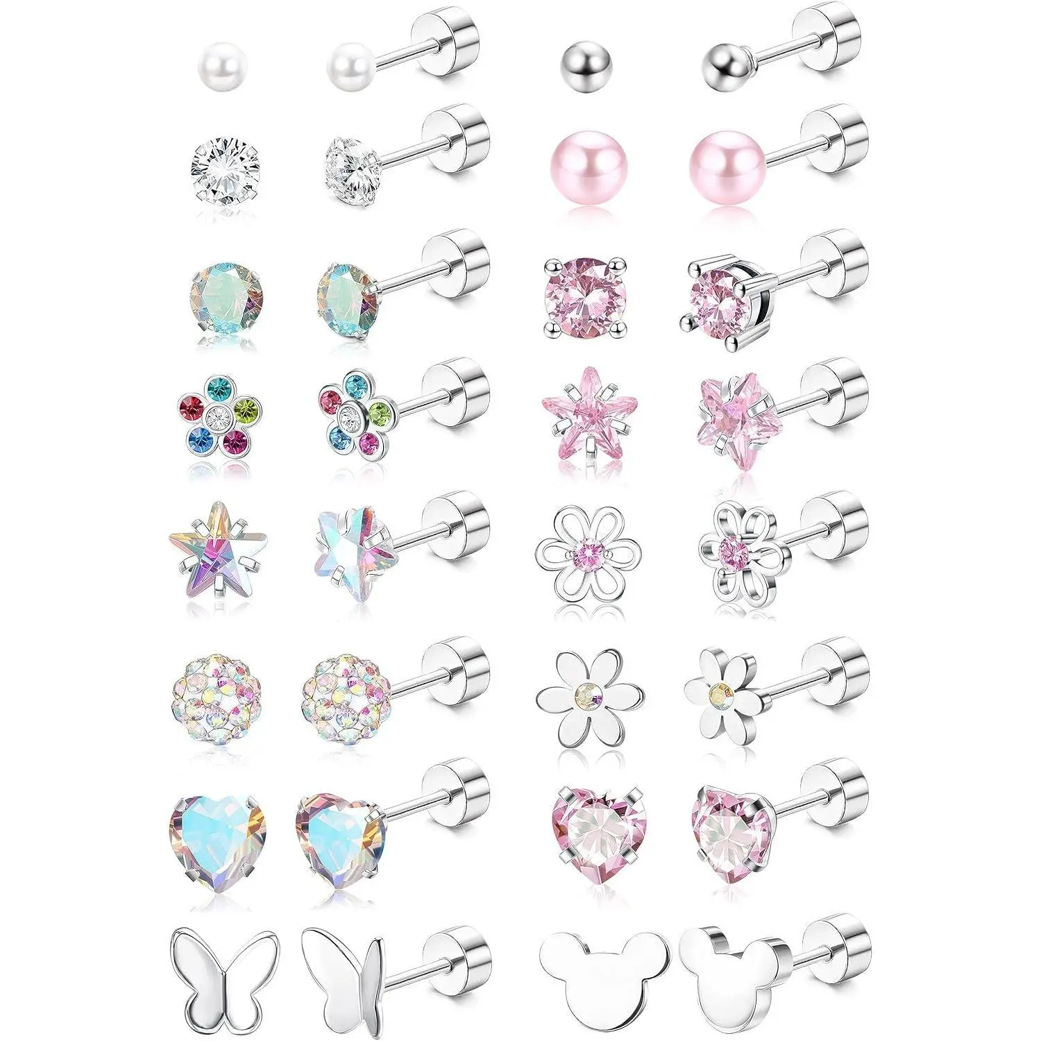 CASSIECA Women's 16-Pair Earring Stacking Set - 316L Stainless Steel Hypoallergenic Screw Back Mini Stud Earrings, CZ Pearl Ball Heart Flower Designs, Metal Coating, Multicolor Bundle for Everyday Carry, Summer Jewelry Gift