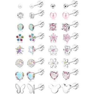 CASSIECA 16Pairs Earrings Stack for Women 316L Stainless Steel Hypoallergenic Screw Back Stud Earrings with CZ, Pearl, Ball, Heart, Flower Designs, Metal Coating, Multicolor Mix for Female Daily Wear Jewelry Gift Summervibes